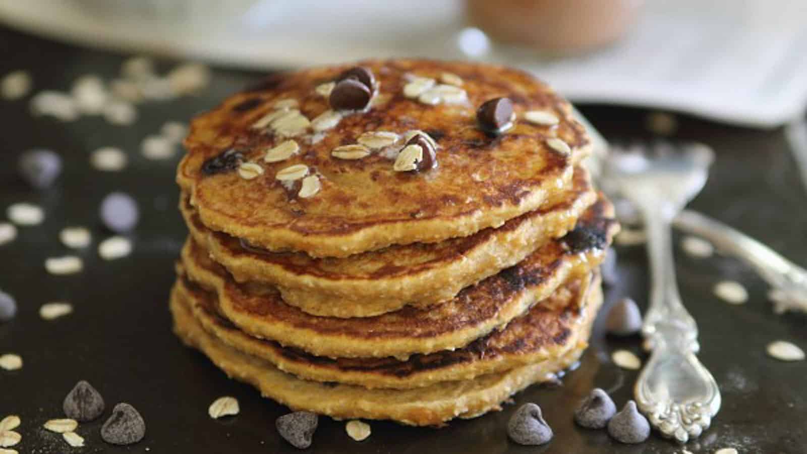 Stack of sweet potato chocolate chip pancakes.