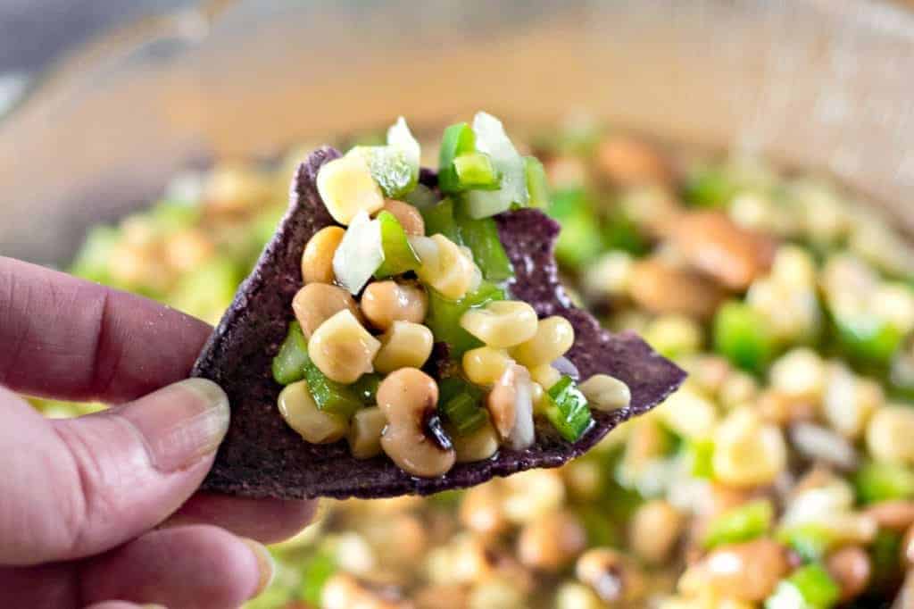 Texas caviar on a tortilla chip.