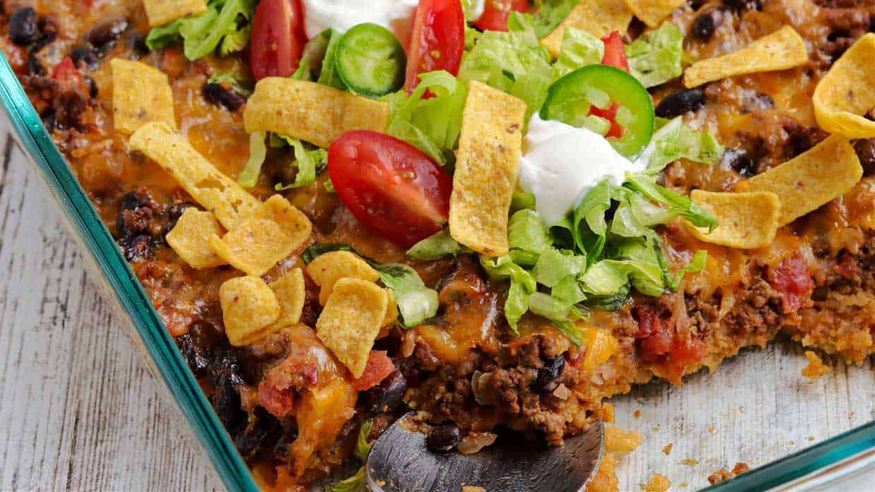 Mexican casserole in a glass dish.