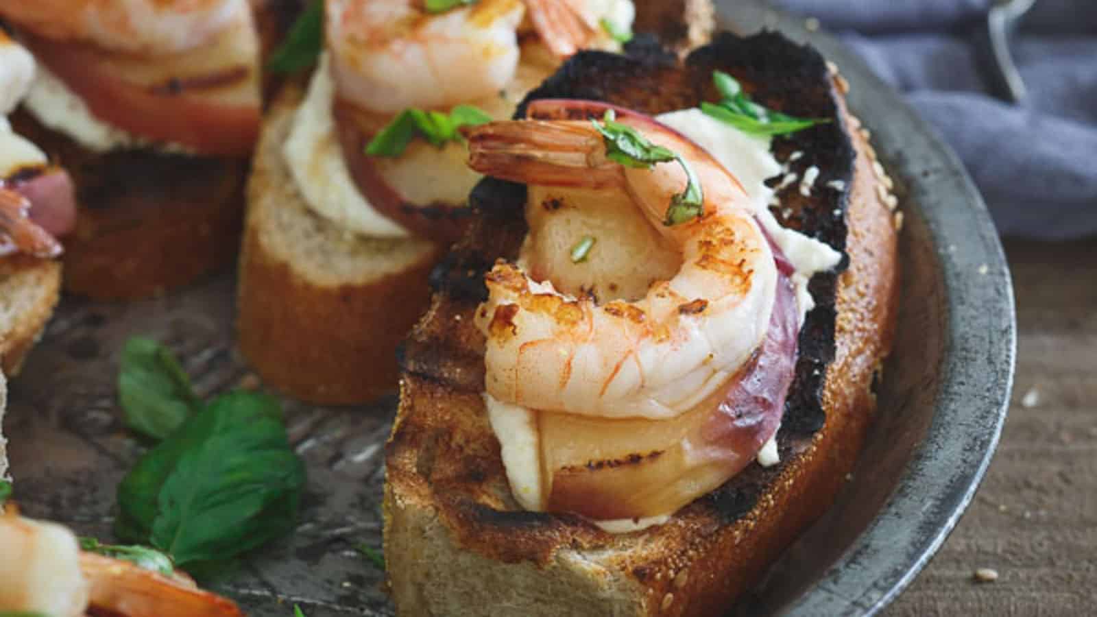 Lemon shrimp crostini with whipped burrata.