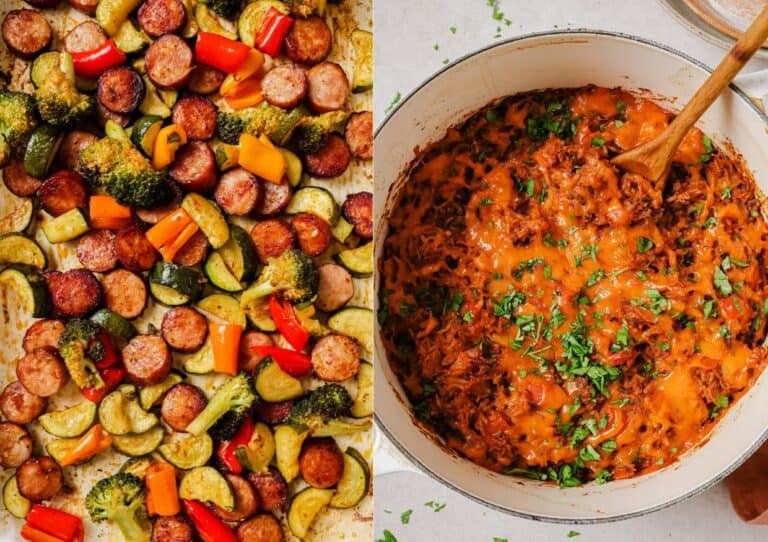 Two pictures of a casserole with sausage and vegetables in it.