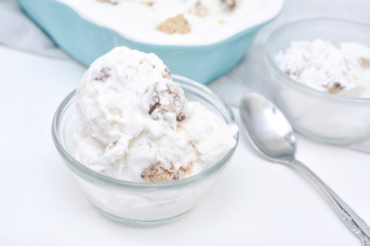 A bowl of ice cream with a spoon in it.