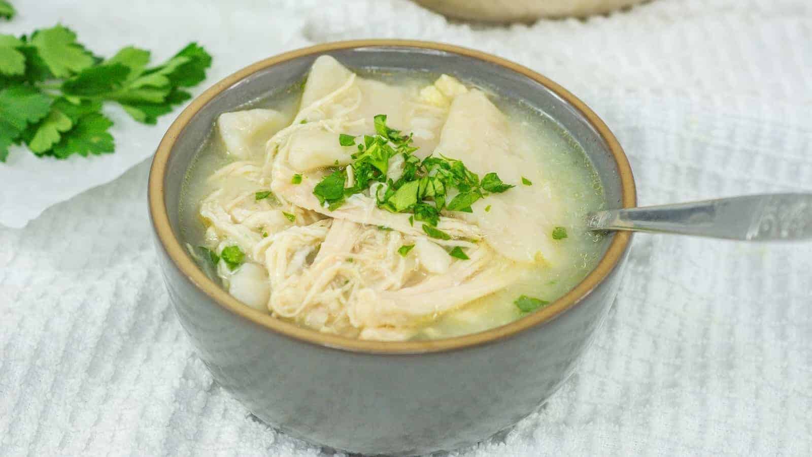 Chicken noodle soup in a bowl with a spoon.