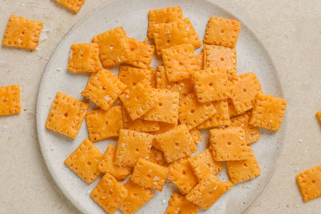 A plate of gluten-free cheez-its.