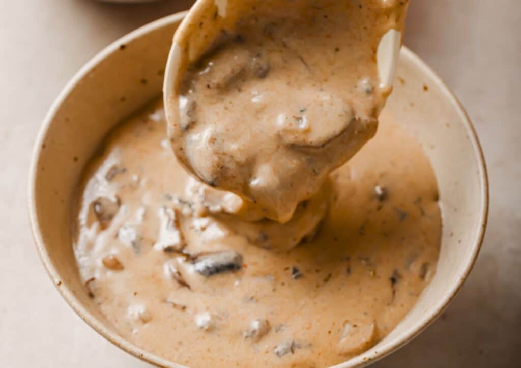 A spoon is serving Hungarian mushroom soup into a bowl.