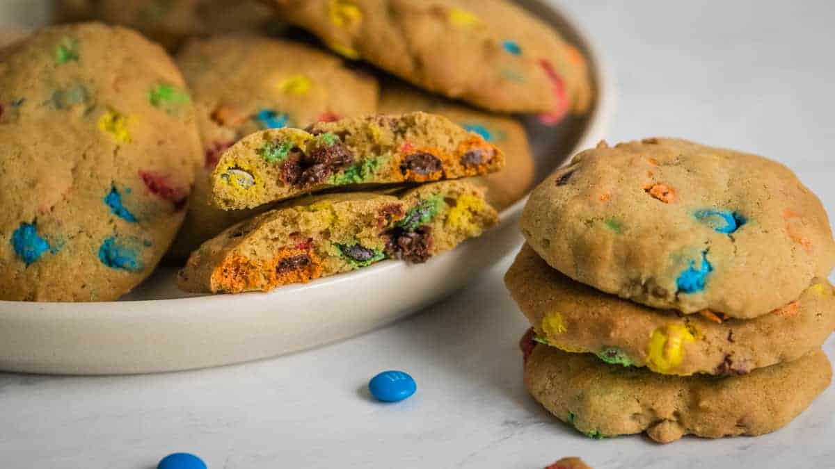 Stack of Air Fryer M&M Cookies.