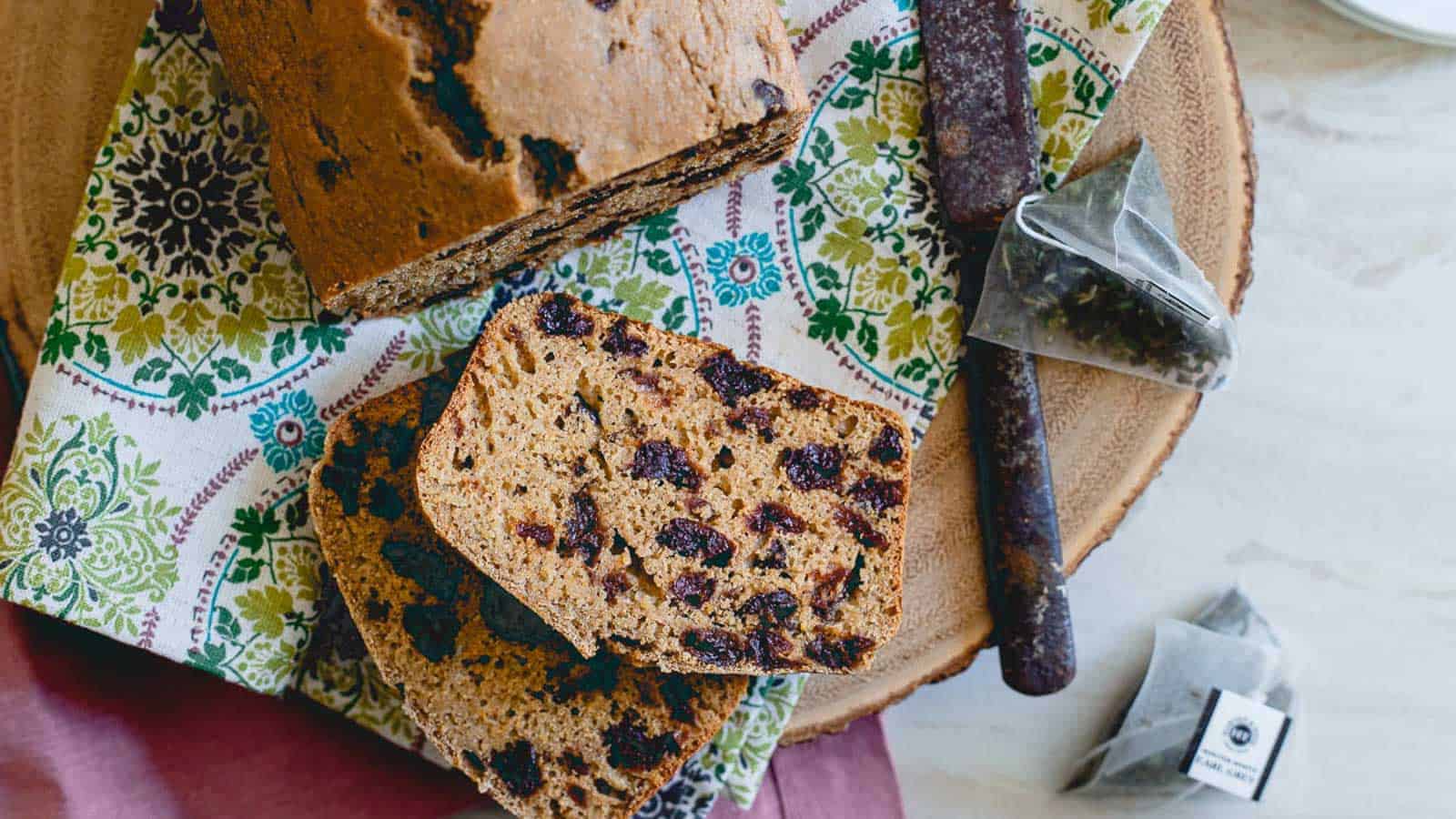 Tart cherry tea bread cut into slices.