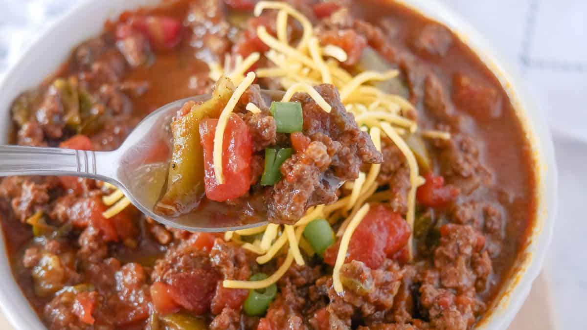 Bowl of chili in front of the Instant pot.