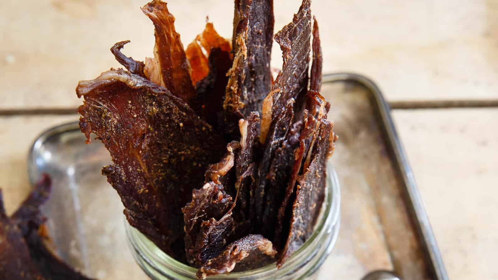 Lamb jerky in a glass jar.