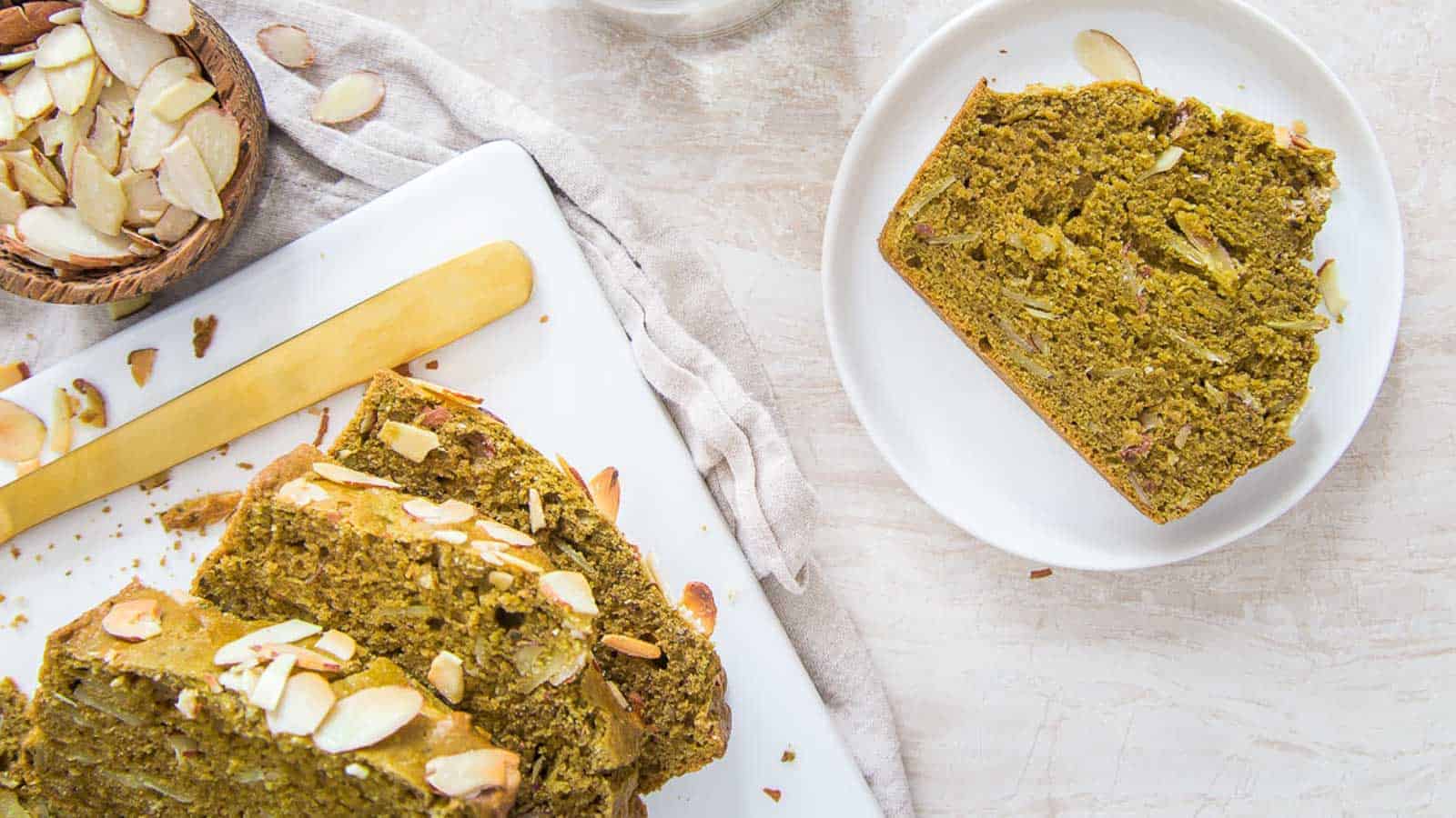 Matcha almond bread cut into slices.