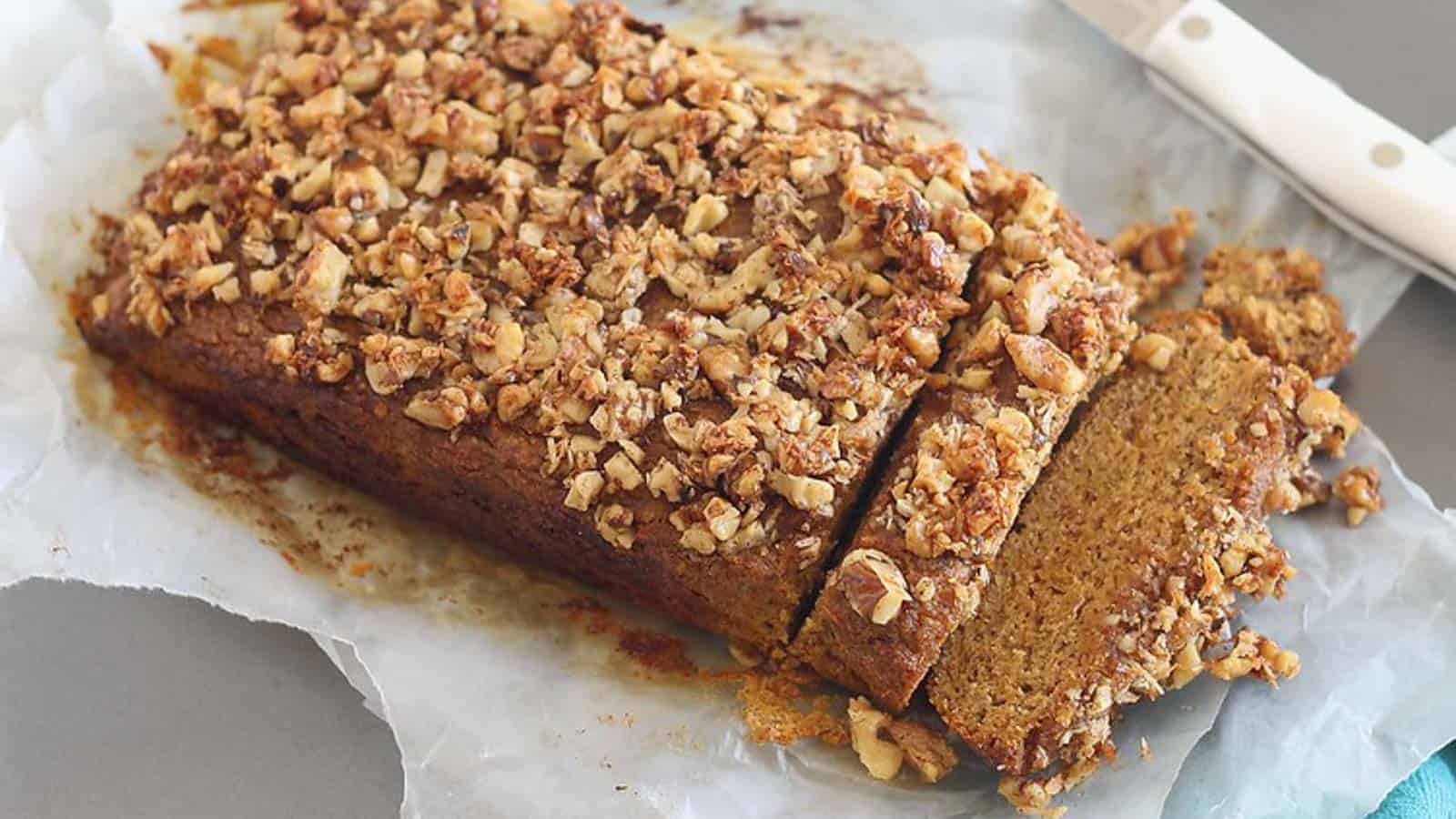 Pumpkin streusel bread on parchment paper.