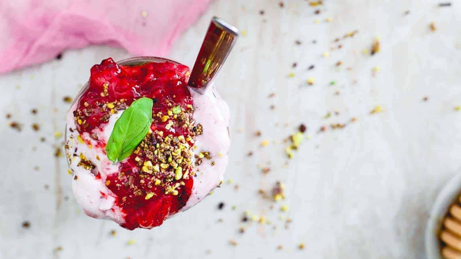 Strawberry basil milkshake with pistachios.