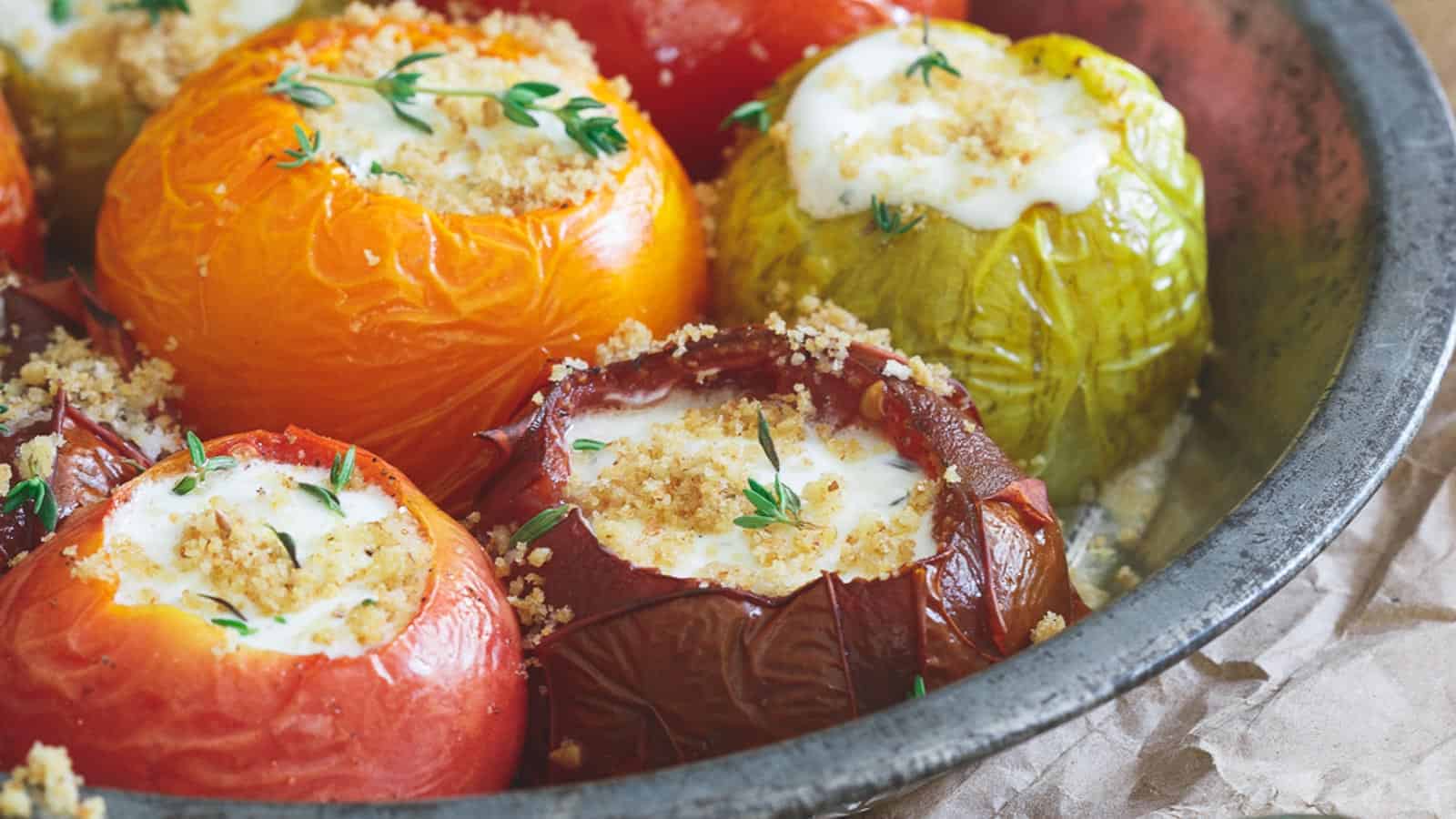 Cheesy stuffed heirloom tomatoes with herb garnish.